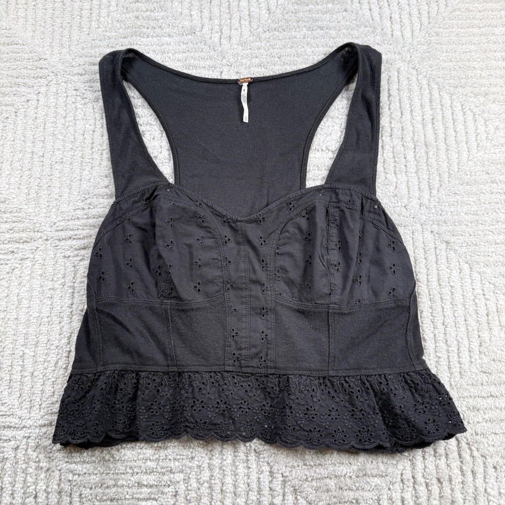 Free People Eyelet Ruffle Crop Top Women's XL Black Boho Cottagecore Romantic